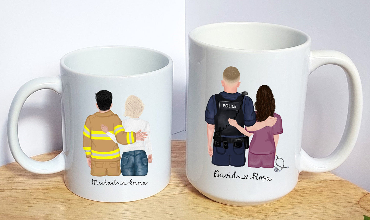 Personalised Portrait Mug | Couple Portrait Mug, Valentines Custom Family Portrait, Firefighter Gift, Paramedic Gift, Police and Nurse Couple