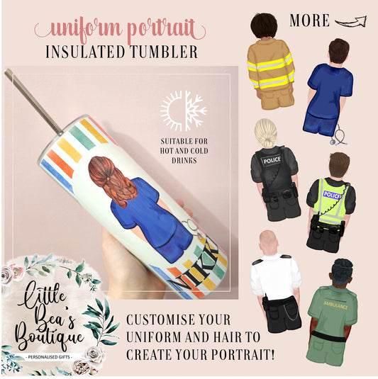 Uniform Portrait Tumbler | Personalised Add Your Name - Customised Water Bottle - 20oz With Straw, Police Firefighter Nurse Midwife Doctor